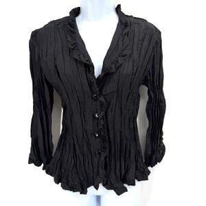 Vintage Piano Crinkle Pleated Ruffle Button Up Blouse Size S Black Y2K 90s